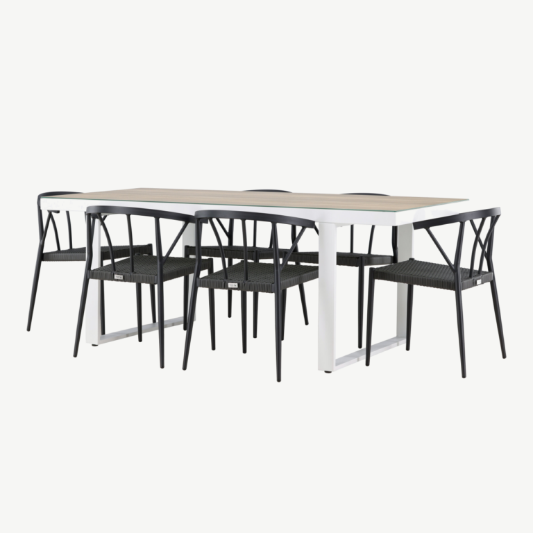 Merlo söögikomplekt välitingimustesse (alumiinium, valge laud, mustad punutud toolid, 6 tk) - GR24326