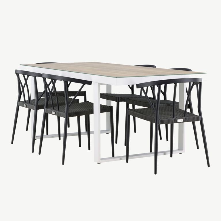 Merlo söögikomplekt välitingimustesse (alumiinium, valge laud, mustad punutud toolid, 6 tk) - GR24326