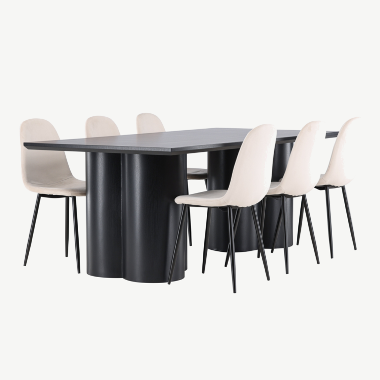 Modernne söögikomplekt Olivia laud ja Polar toolid (must MDF, beež samet, 6 inimesele) - GR24595