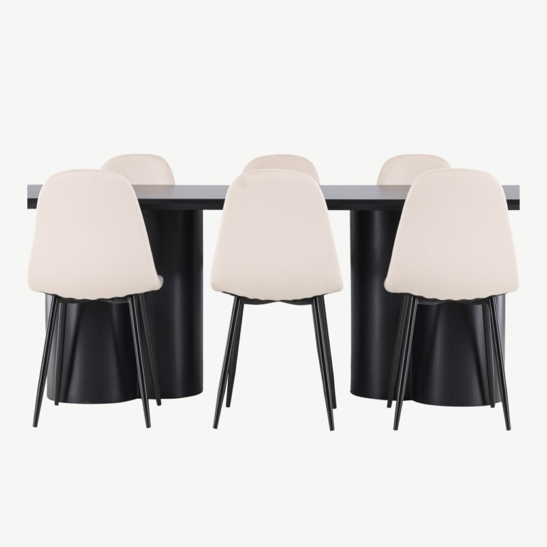 Modernne söögikomplekt Olivia laud ja Polar toolid (must MDF, beež samet, 6 inimesele) - GR24595