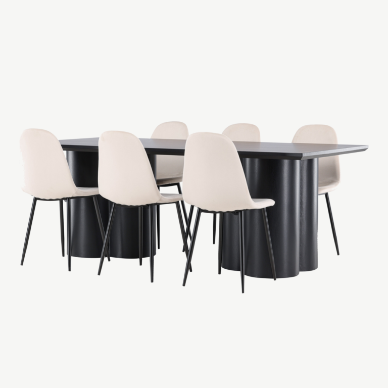 Modernne söögikomplekt Olivia laud ja Polar toolid (must MDF, beež samet, 6 inimesele) - GR24595