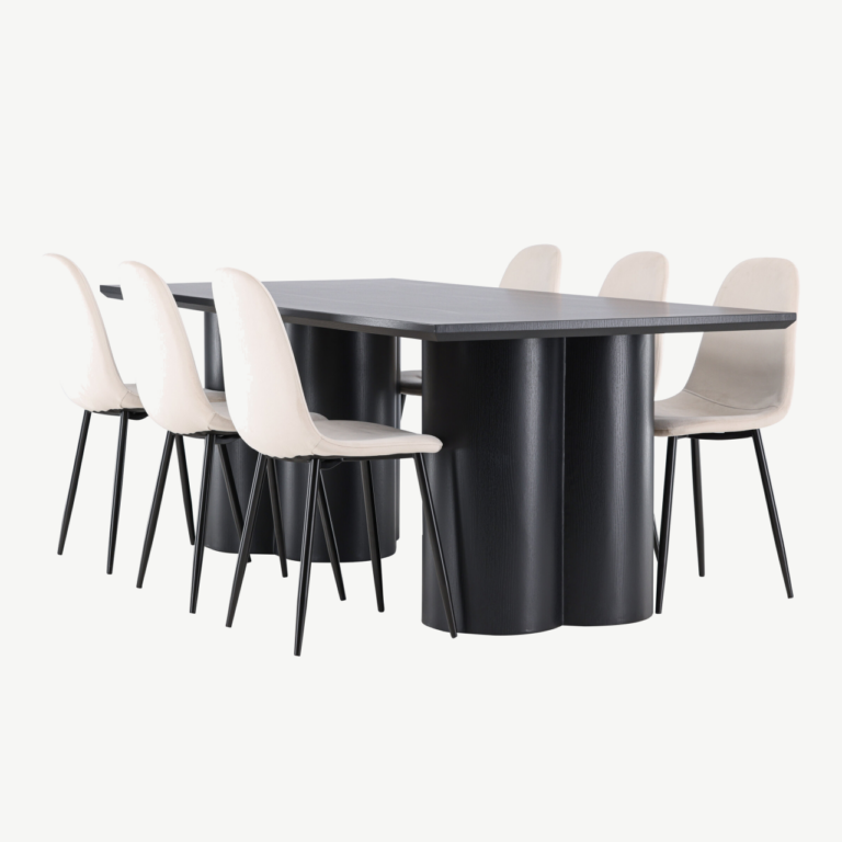 Modernne söögikomplekt Olivia laud ja Polar toolid (must MDF, beež samet, 6 inimesele) - GR24595