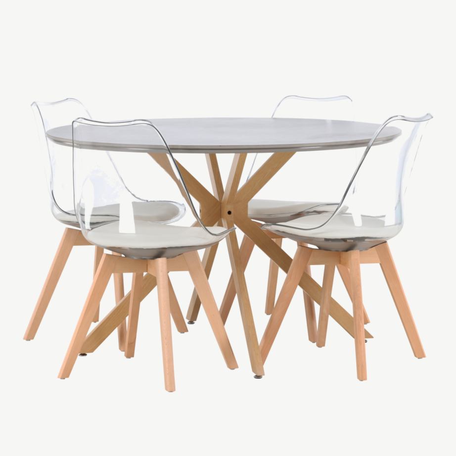 Modernne ümmargune söögilaud Piazza halli spraystone’iga ja läbipaistvad Edvin toolid (4 tk), GR23748 – 2