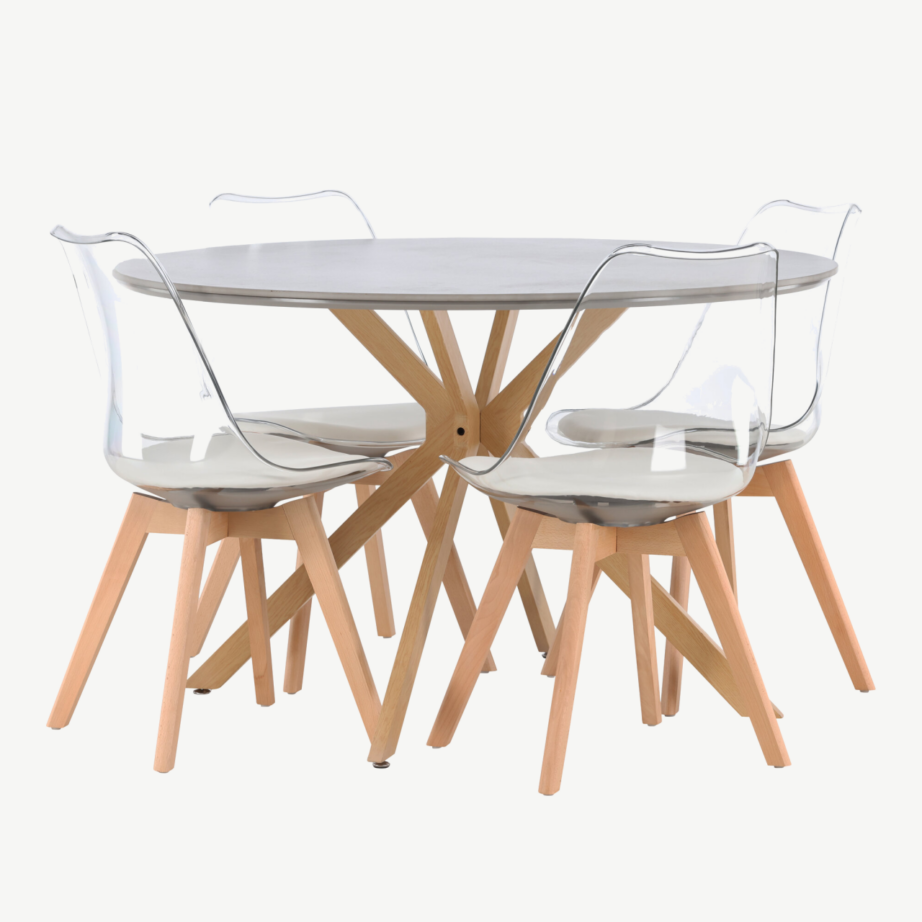 Modernne ümmargune söögilaud Piazza halli spraystone’iga ja läbipaistvad Edvin toolid (4 tk), GR23748 – 3