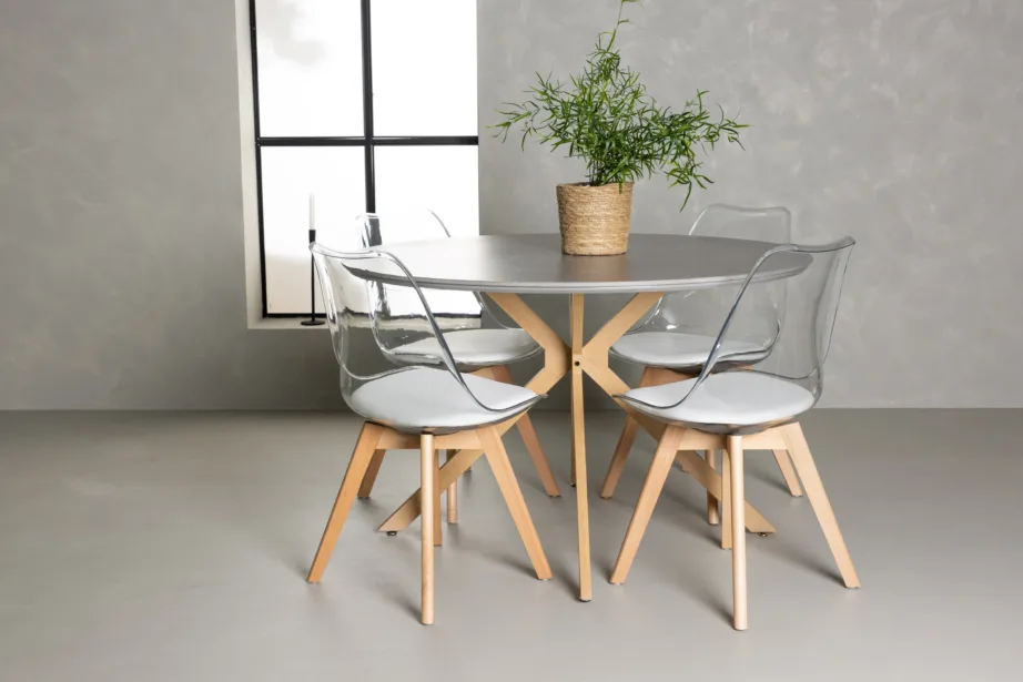 Modernne ümmargune söögilaud Piazza halli spraystone’iga ja läbipaistvad Edvin toolid (4 tk), GR23748 – 4