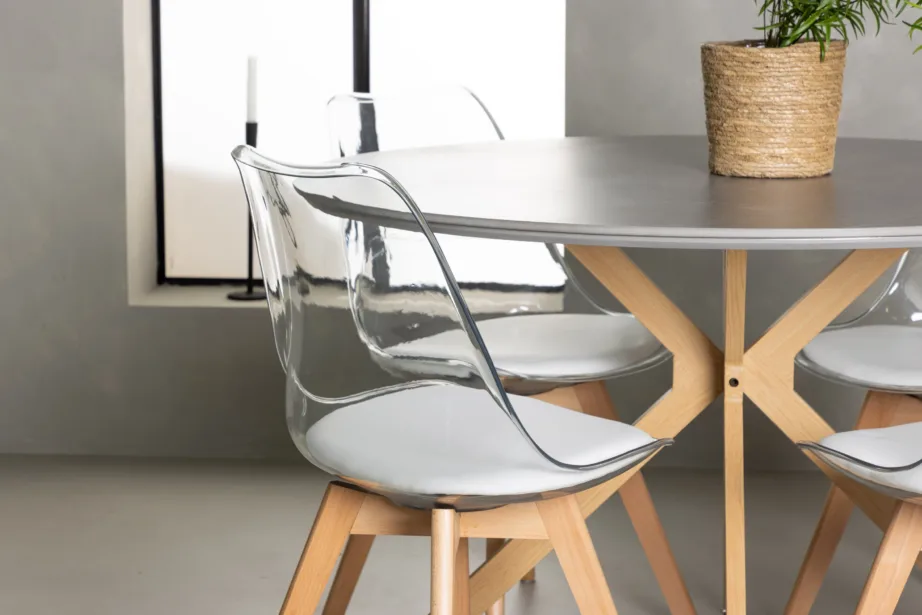 Modernne ümmargune söögilaud Piazza halli spraystone’iga ja läbipaistvad Edvin toolid (4 tk), GR23748 – 5