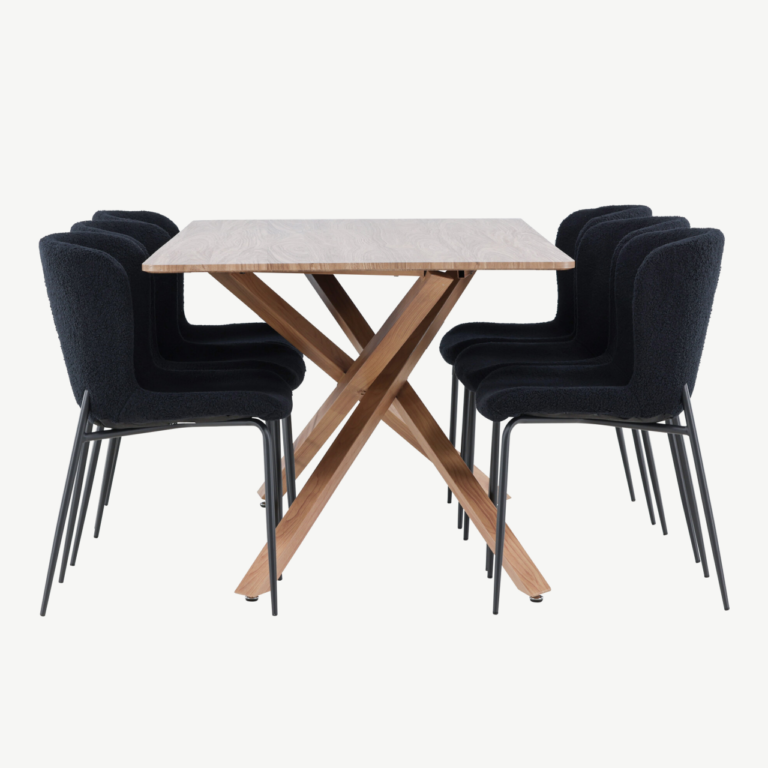 Mokkatoonis ristkülikukujuline söögilauakomplekt: laud 180 × 90 cm ja 6 musta buklee kangaga tooli (Piazza, Modesto) - GR24515