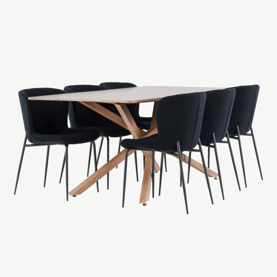 Mokkatoonis ristkülikukujuline söögilauakomplekt: laud 180 × 90 cm ja 6 musta buklee kangaga tooli (Piazza, Modesto), GR24515 – 3