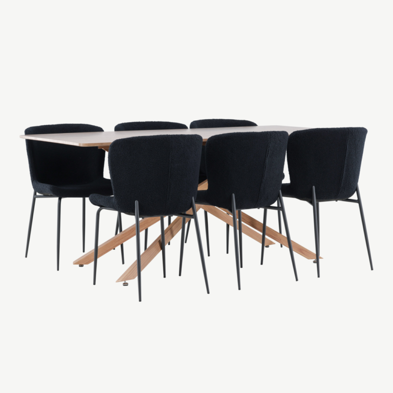 Mokkatoonis ristkülikukujuline söögilauakomplekt: laud 180 × 90 cm ja 6 musta buklee kangaga tooli (Piazza, Modesto) - GR24515