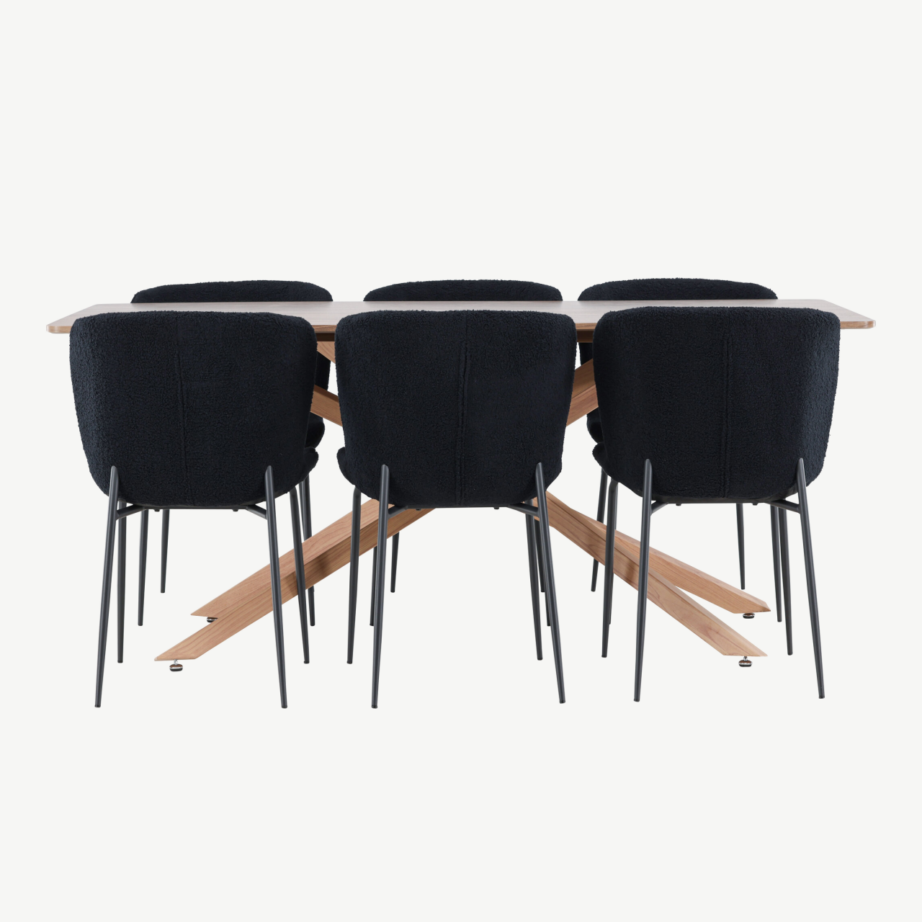 Mokkatoonis ristkülikukujuline söögilauakomplekt: laud 180 × 90 cm ja 6 musta buklee kangaga tooli (Piazza, Modesto), GR24515 – 5