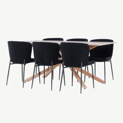 Mokkatoonis ristkülikukujuline söögilauakomplekt: laud 180 × 90 cm ja 6 musta buklee kangaga tooli (Piazza, Modesto) - GR24515