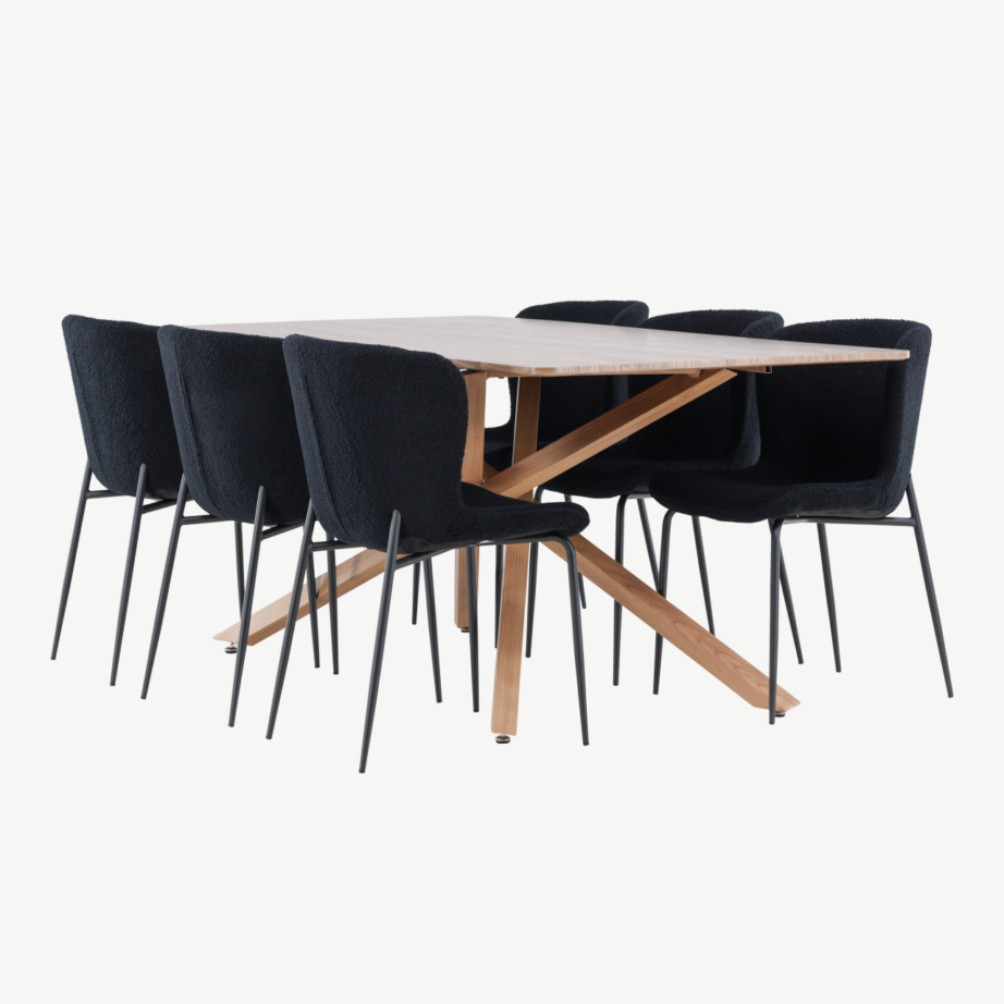 Mokkatoonis ristkülikukujuline söögilauakomplekt: laud 180 × 90 cm ja 6 musta buklee kangaga tooli (Piazza, Modesto), GR24515 – 6