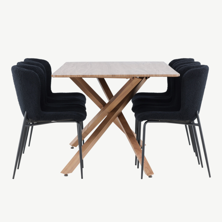 Mokkatoonis ristkülikukujuline söögilauakomplekt: laud 180 × 90 cm ja 6 musta buklee kangaga tooli (Piazza, Modesto) - GR24515