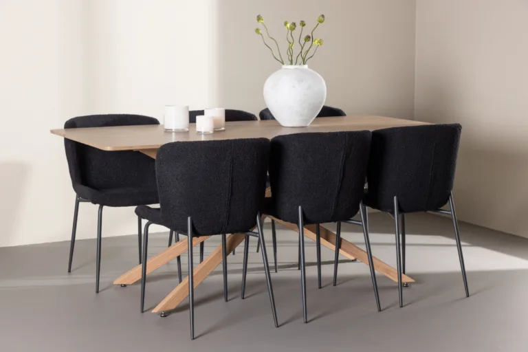 Mokkatoonis ristkülikukujuline söögilauakomplekt: laud 180 × 90 cm ja 6 musta buklee kangaga tooli (Piazza, Modesto) - GR24515