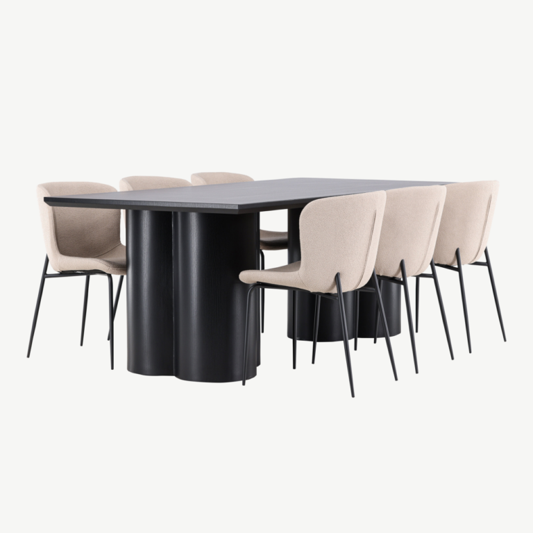 Must MDF söögilaud Olivia ja beežid bukleetoolid Modesto (6 tk) - GR24596