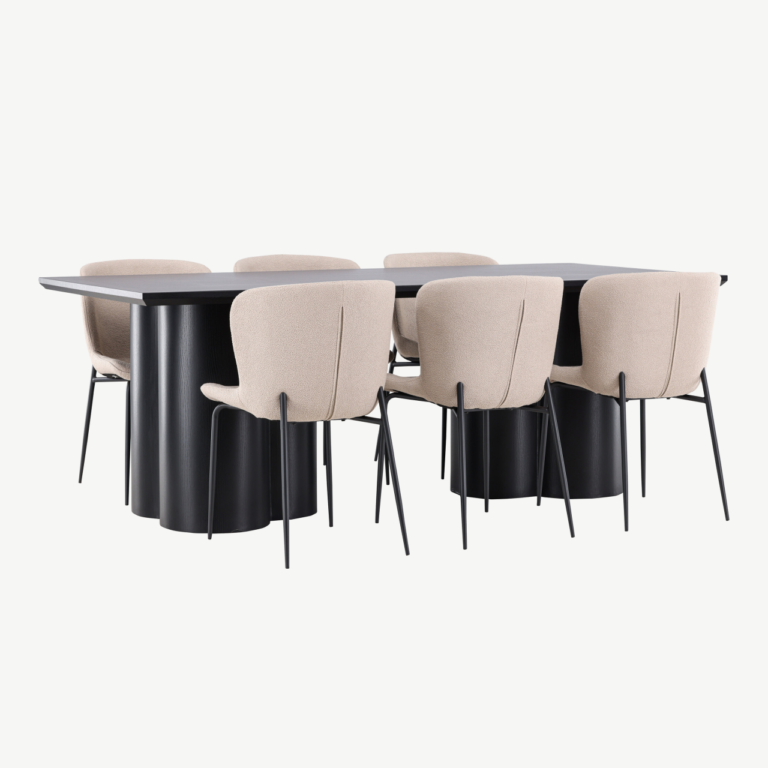 Must MDF söögilaud Olivia ja beežid bukleetoolid Modesto (6 tk) - GR24596