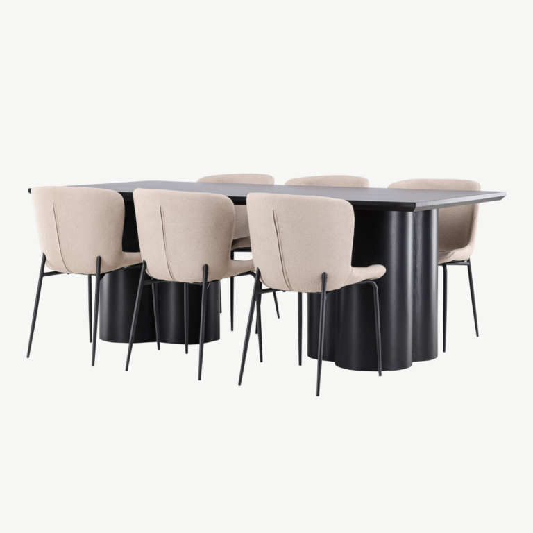 Must MDF söögilaud Olivia ja beežid bukleetoolid Modesto (6 tk) - GR24596