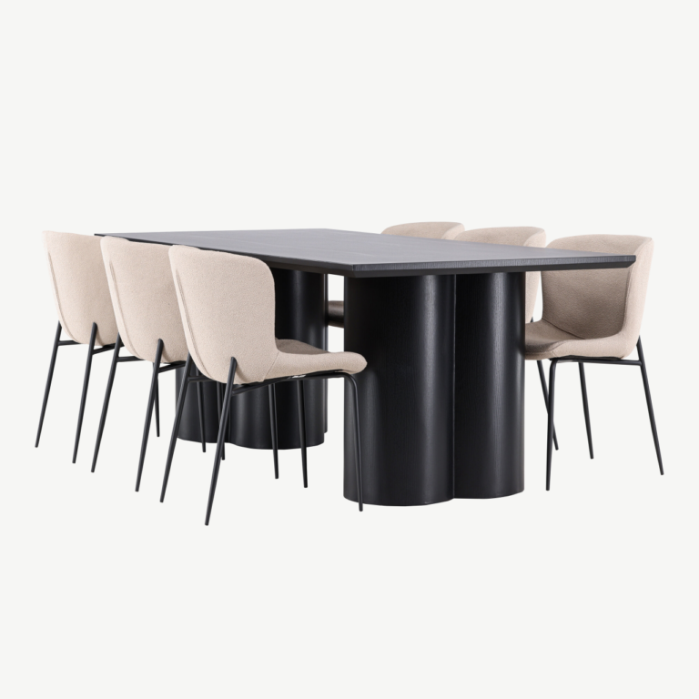 Must MDF söögilaud Olivia ja beežid bukleetoolid Modesto (6 tk) - GR24596