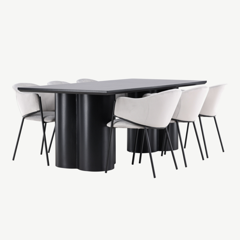 Must MDF söögilaud Olivia ja helehallid samettoolid Evelina (6 tk) - GR24598