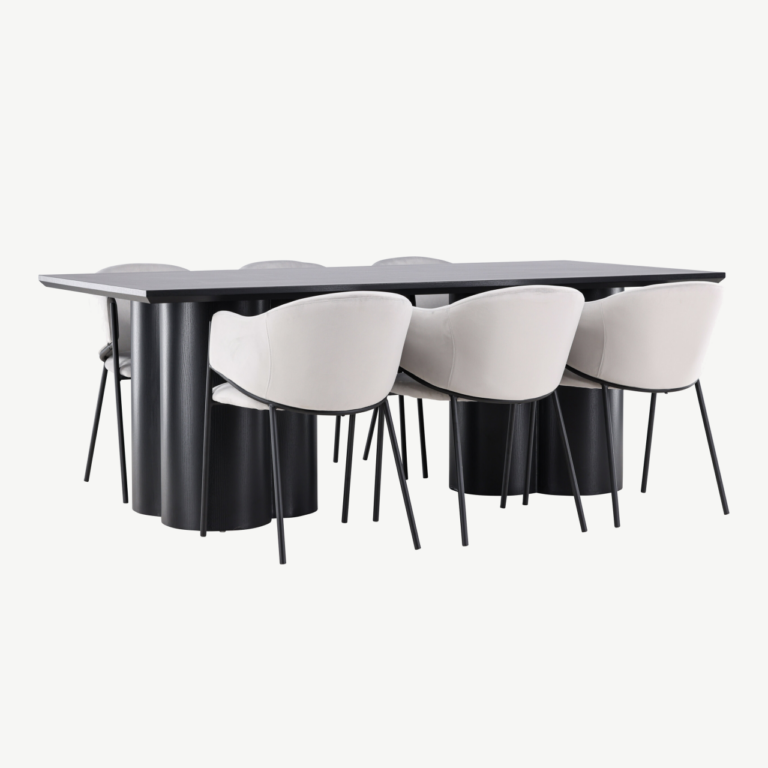 Must MDF söögilaud Olivia ja helehallid samettoolid Evelina (6 tk) - GR24598