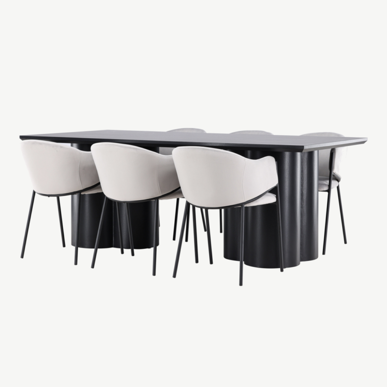 Must MDF söögilaud Olivia ja helehallid samettoolid Evelina (6 tk) - GR24598