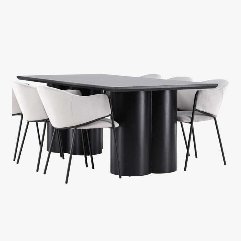 Must MDF söögilaud Olivia ja helehallid samettoolid Evelina (6 tk) - GR24598