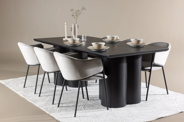 Must MDF söögilaud Olivia ja helehallid samettoolid Evelina (6 tk) - GR24598