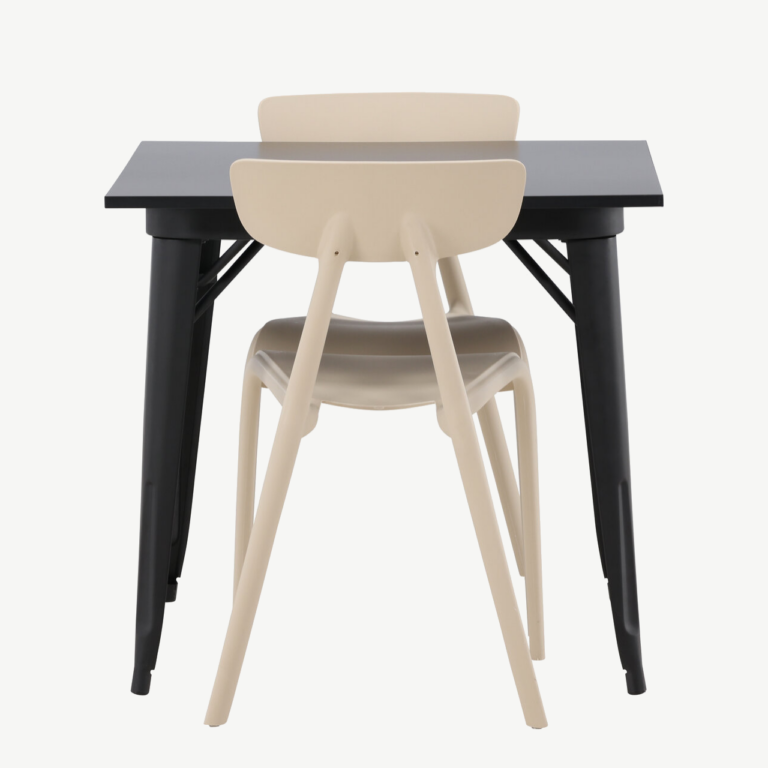 Must MDF söögilaud Tempe ja beežid plastiktoolid Ursholmen (2 tk), 80x80 cm - GR23012