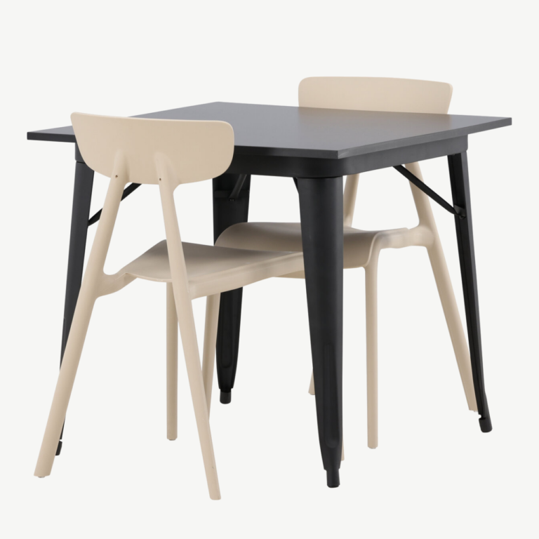 Must MDF söögilaud Tempe ja beežid plastiktoolid Ursholmen (2 tk), 80x80 cm - GR23012