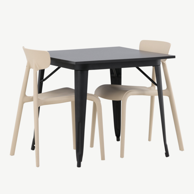Must MDF söögilaud Tempe ja beežid plastiktoolid Ursholmen (2 tk), 80x80 cm - GR23012