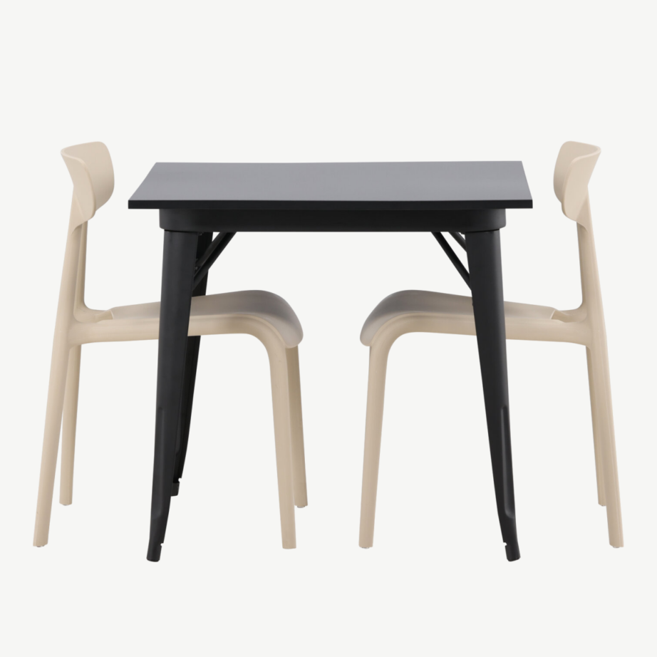 Must MDF söögilaud Tempe ja beežid plastiktoolid Ursholmen (2 tk), 80×80 cm, GR23012 – 5