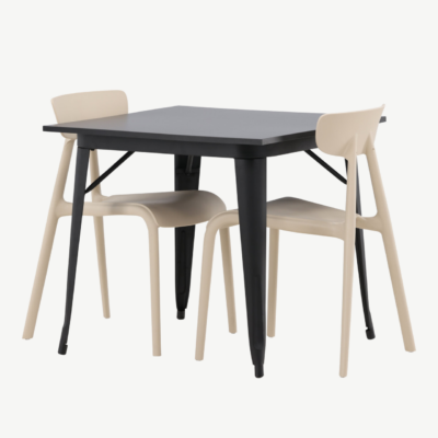 Must MDF söögilaud Tempe ja beežid plastiktoolid Ursholmen (2 tk), 80x80 cm - GR23012