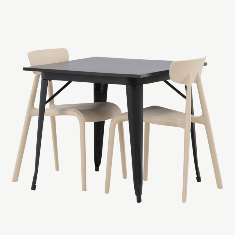 Must MDF söögilaud Tempe ja beežid plastiktoolid Ursholmen (2 tk), 80x80 cm - GR23012
