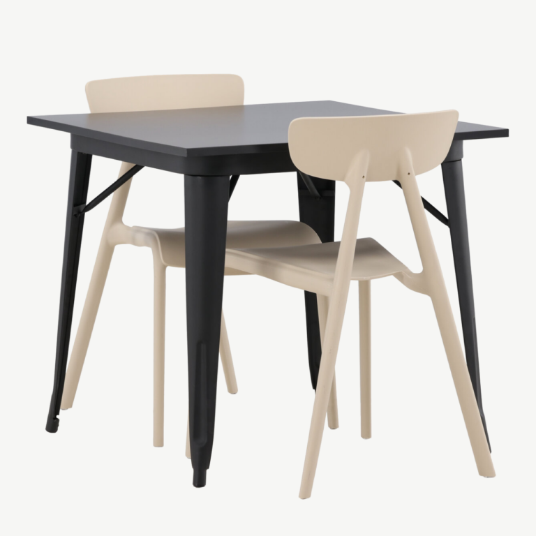 Must MDF söögilaud Tempe ja beežid plastiktoolid Ursholmen (2 tk), 80x80 cm - GR23012