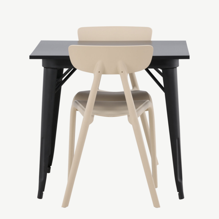 Must MDF söögilaud Tempe ja beežid plastiktoolid Ursholmen (2 tk), 80x80 cm - GR23012