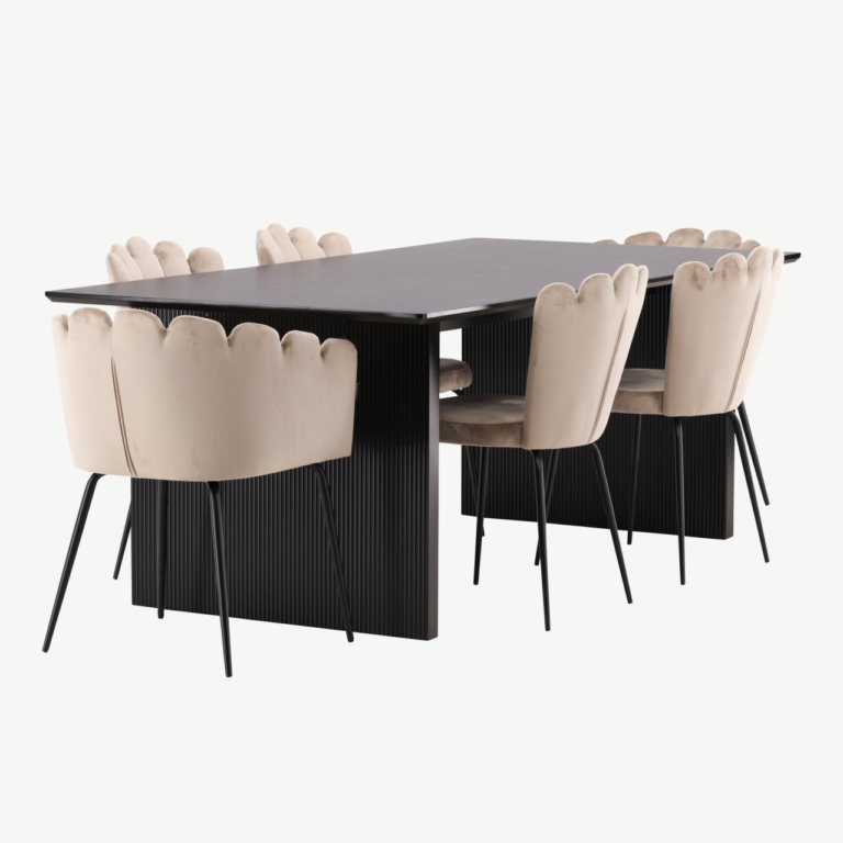 Must MDF söögilaud Vail ja beežid velvetist söögitoolid Limhamn - GR22957