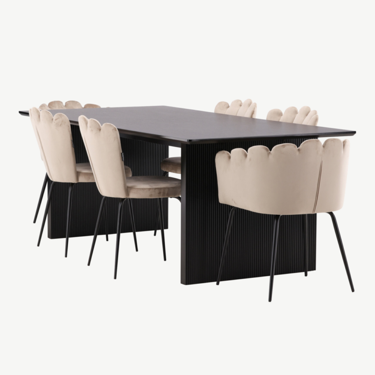 Must MDF söögilaud Vail ja beežid velvetist söögitoolid Limhamn - GR22957