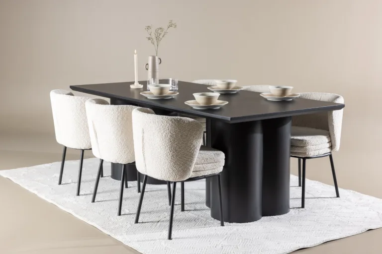 Must Olivia söögilaud ja Agnes valge buklee toolid (6-kohaline komplekt) - GR24588