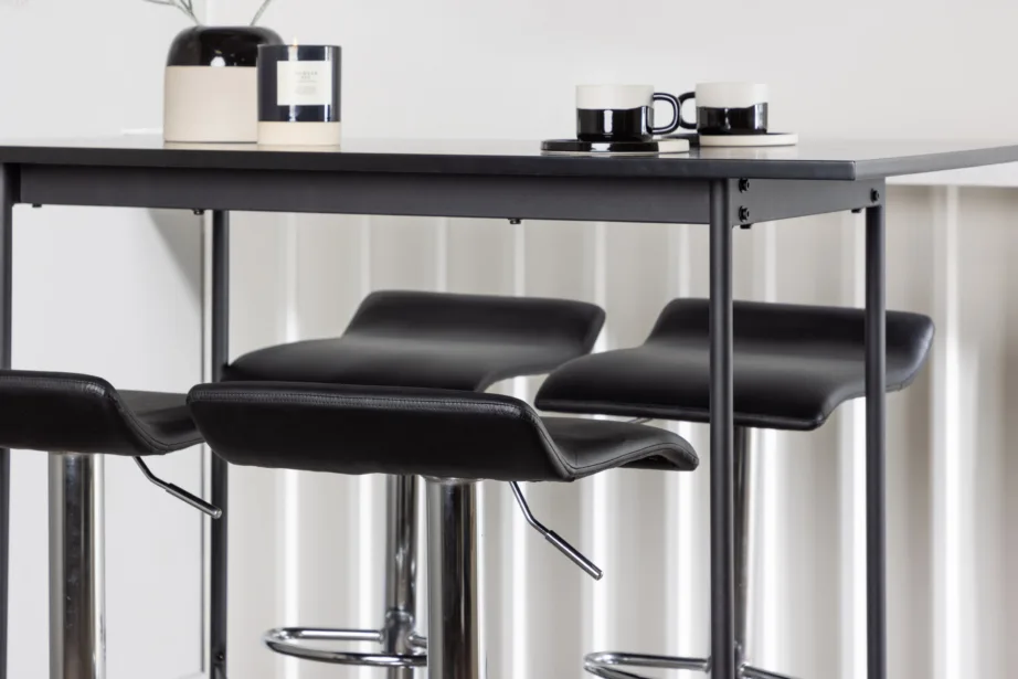 Must baarilaud Rax ja must kunstnahast baaritool Jonna (kroomitud teras, 120×60 cm), GR23693 – 9