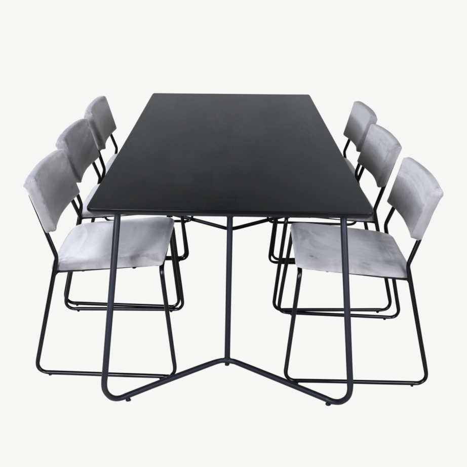 Must ristkülikukujuline söögilaud Petra 6 halli velvetkangaga tooliga, GR22334 – 2