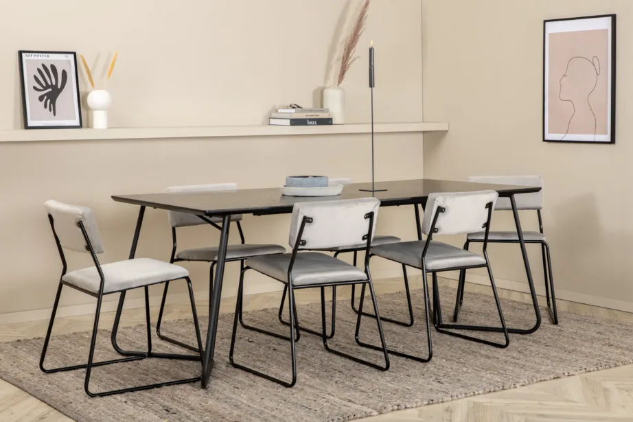 Must ristkülikukujuline söögilaud Petra 6 halli velvetkangaga tooliga, GR22334 – 6