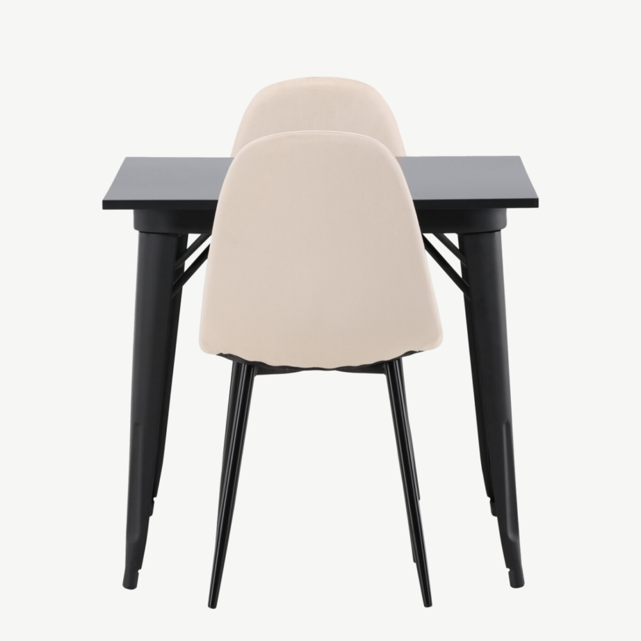 Must ristkülikukujuline söögilaud Tempe kahe beeži velvetist tooliga, GR22938 – 2