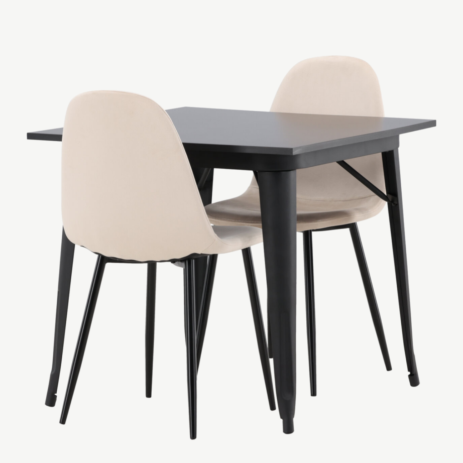 Must ristkülikukujuline söögilaud Tempe kahe beeži velvetist tooliga, GR22938 – 3