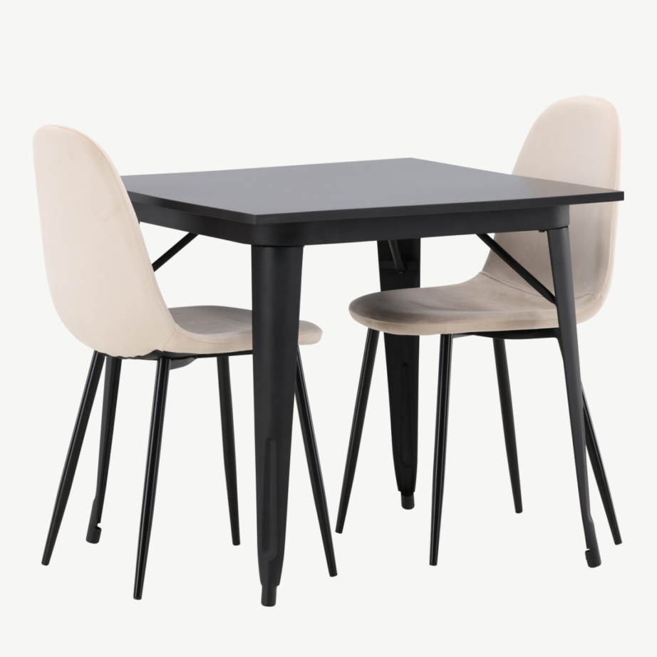 Must ristkülikukujuline söögilaud Tempe kahe beeži velvetist tooliga, GR22938 – 4