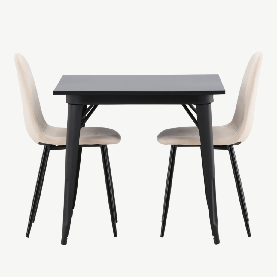 Must ristkülikukujuline söögilaud Tempe kahe beeži velvetist tooliga, GR22938 – 5