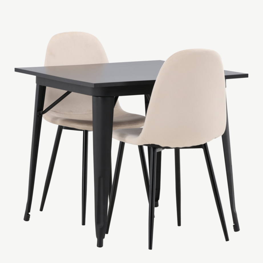 Must ristkülikukujuline söögilaud Tempe kahe beeži velvetist tooliga, GR22938 – 6