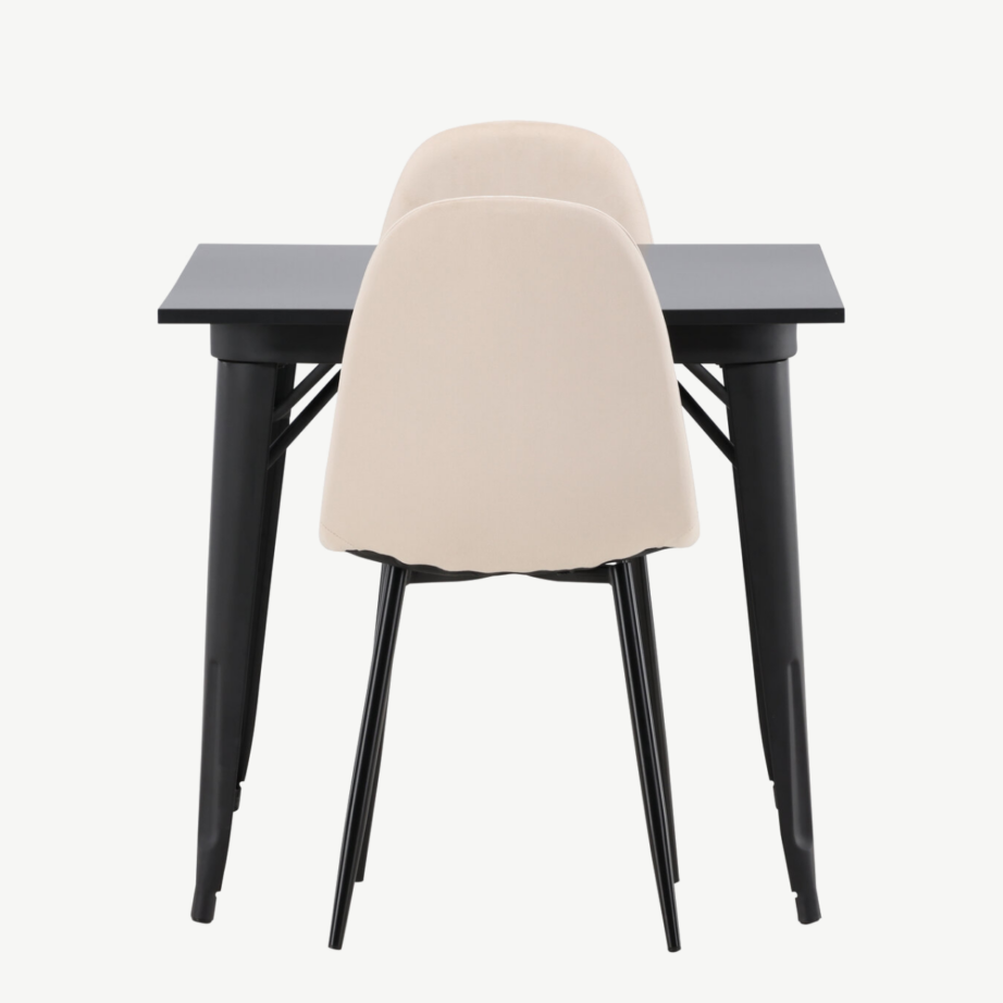 Must ristkülikukujuline söögilaud Tempe kahe beeži velvetist tooliga, GR22938 – 7