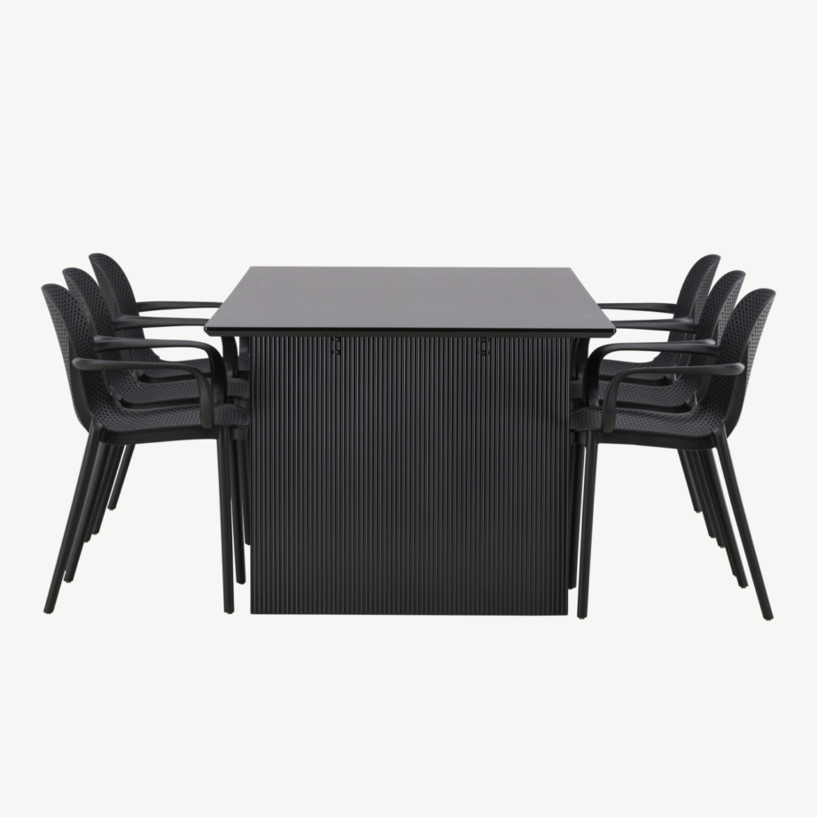 Must ristkülikukujuline söögilaud Vail ja 6 musta plastikust tooli Baltimore, GR22962 – 2