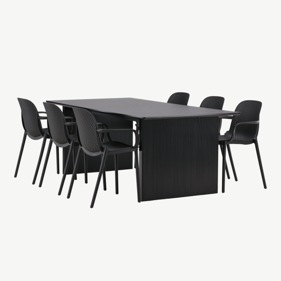 Must ristkülikukujuline söögilaud Vail ja 6 musta plastikust tooli Baltimore, GR22962 – 6