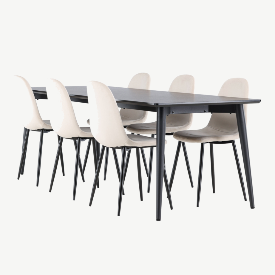 Must söögilauakomplekt Ellis kuue beeži sametist tooliga, GR24612 – 6